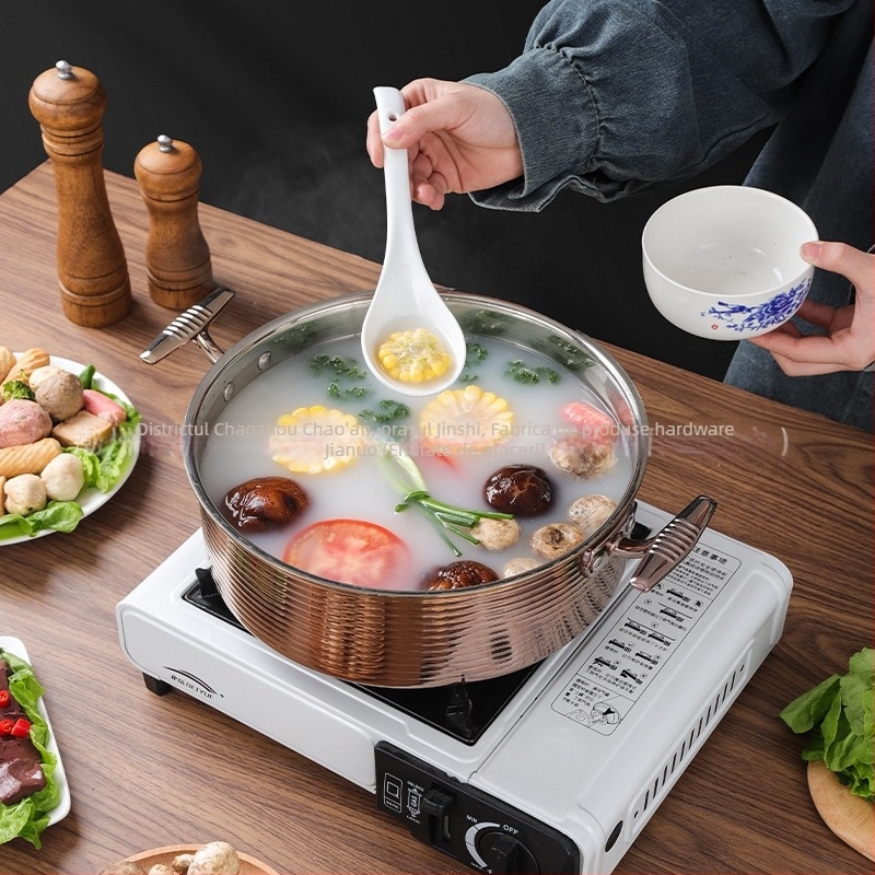 Vas pentru hot pot din oțel inoxidabil 304, bază din straturi compozite, neelectric, compatibil cu plite universale, capacități 2,1–4 L / 4,1–6 L / 6,1–10 L / 10 L+