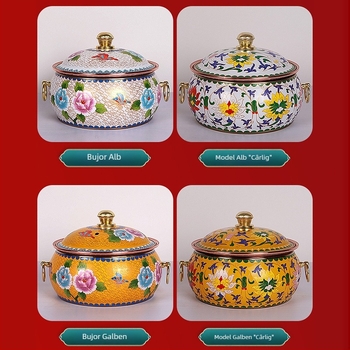 Oală de cupru pentru o singură persoană, cu finisaj emailat cloisonné, pentru autoservire