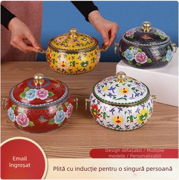 Oală de cupru pentru o singură persoană, cu finisaj emailat cloisonné, pentru autoservire