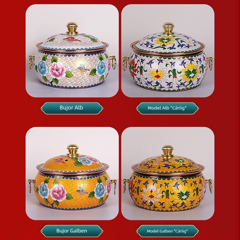 Oală de cupru pentru o singură persoană, cu finisaj emailat cloisonné, pentru autoservire