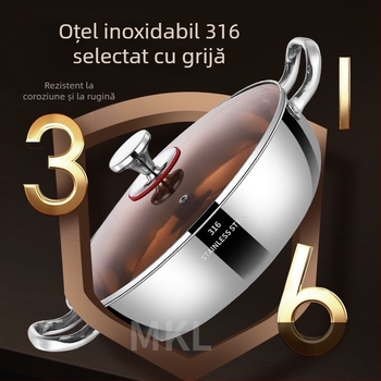 Cooking skills oală pentru supă din oțel inoxidabil 316, fund multistrat, capac din sticlă, compatibilă cu plita universală, capacitate 4.1–6 L / 6.1–10 L / 10 L+