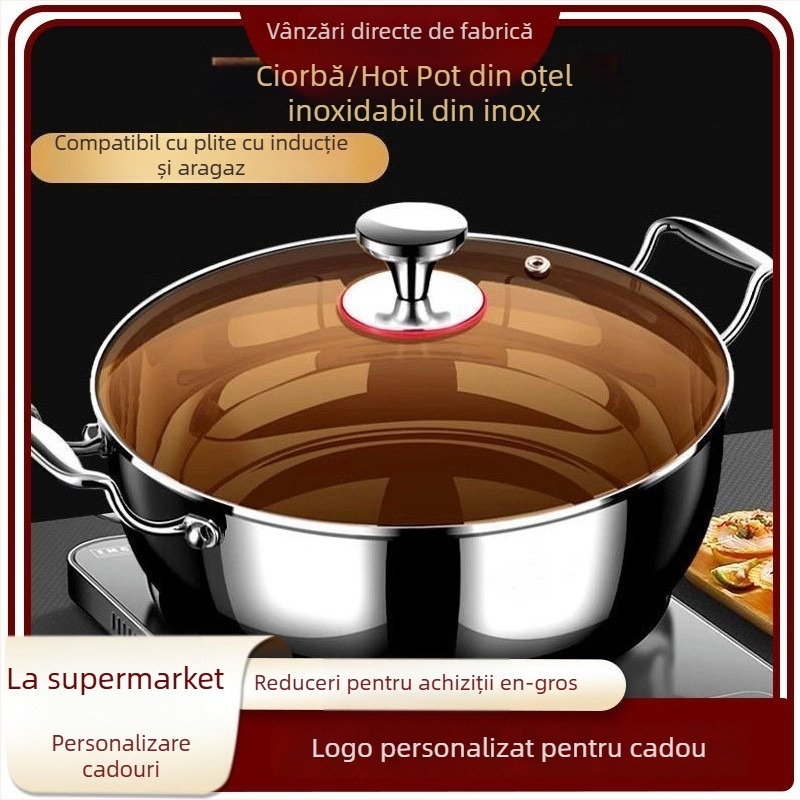 Cooking skills oală pentru supă din oțel inoxidabil 316, fund multistrat, capac din sticlă, compatibilă cu plita universală, capacitate 4.1–6 L / 6.1–10 L / 10 L+