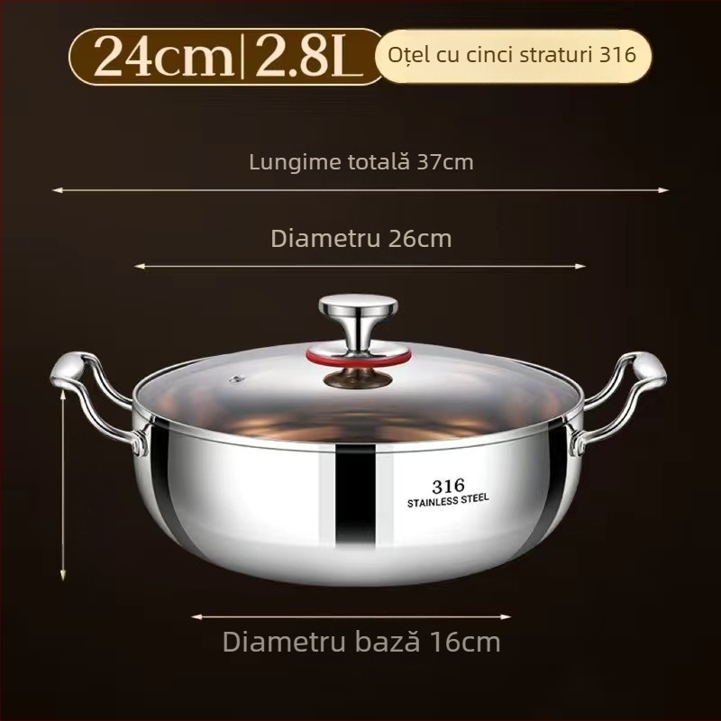 Cooking skills oală pentru supă din oțel inoxidabil 316, fund multistrat, capac din sticlă, compatibilă cu plita universală, capacitate 4.1–6 L / 6.1–10 L / 10 L+