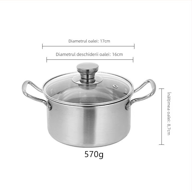 Oală pentru o persoană din oțel inoxidabil 304, capac din sticlă, compatibilă cu inducția, capacitate 2,1–4 L, model TG