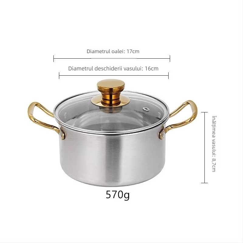 Oală pentru o persoană din oțel inoxidabil 304, capac din sticlă, compatibilă cu inducția, capacitate 2,1–4 L, model TG