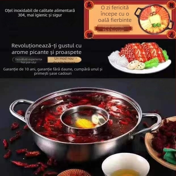 Hot pot din oțel inoxidabil, design Mandarin Duck, compatibil cu inducția, capacitate 2,1–4 L, vas gros pentru uz casnic