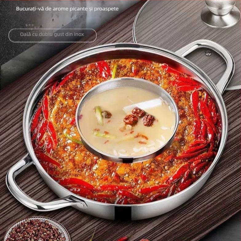 Hot pot din oțel inoxidabil, design Mandarin Duck, compatibil cu inducția, capacitate 2,1–4 L, vas gros pentru uz casnic