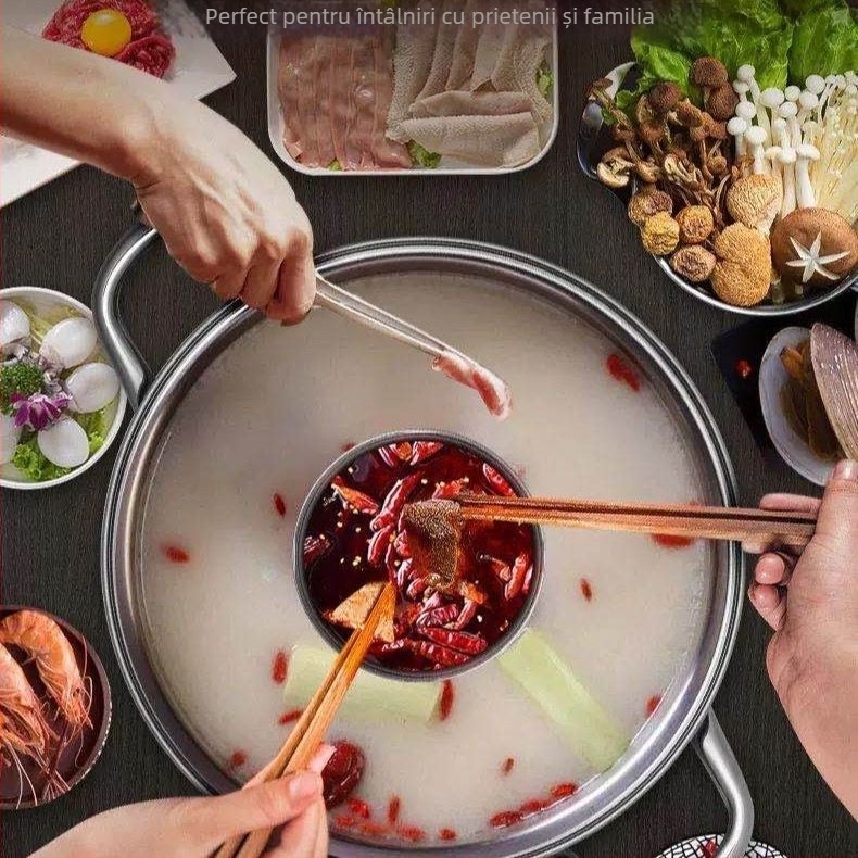 Hot pot din oțel inoxidabil, design Mandarin Duck, compatibil cu inducția, capacitate 2,1–4 L, vas gros pentru uz casnic