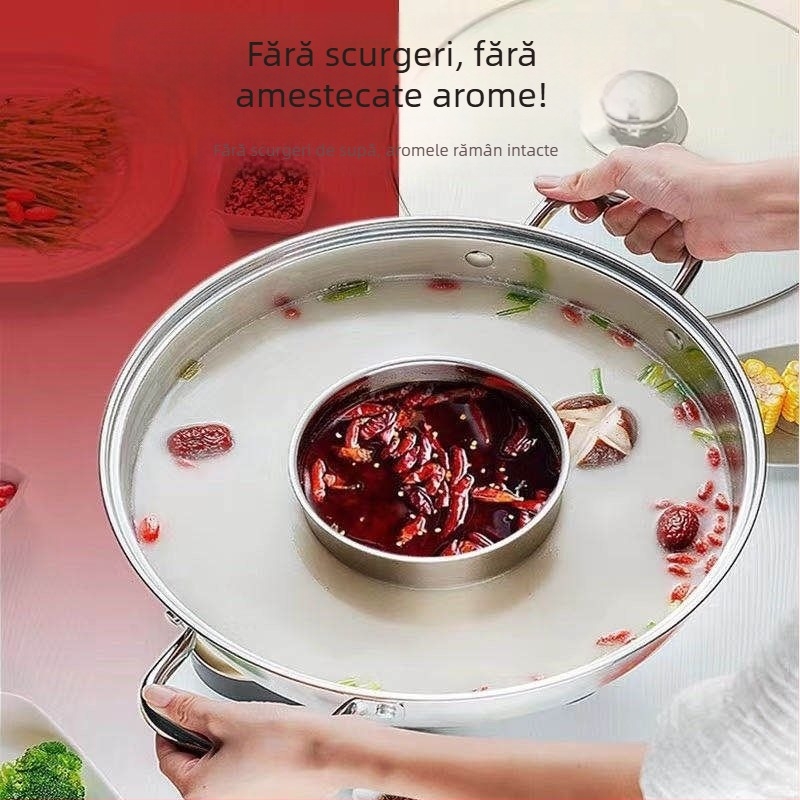 Hot pot din oțel inoxidabil, design Mandarin Duck, compatibil cu inducția, capacitate 2,1–4 L, vas gros pentru uz casnic
