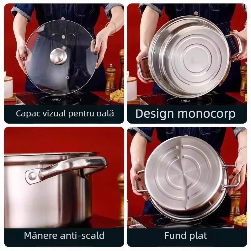 Mandarin Duck hot pot XR, oțel inoxidabil 201, compatibil cu plita cu inducție, capac de sticlă, bază unică, capacitate 2,1–4 L