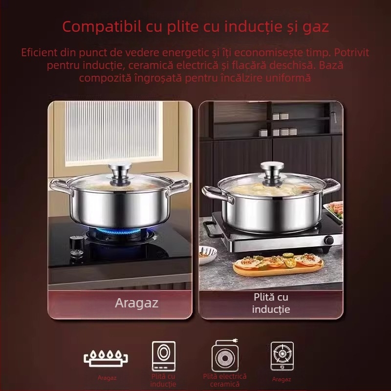 Mandarin Duck hot pot XR, oțel inoxidabil 201, compatibil cu plita cu inducție, capac de sticlă, bază unică, capacitate 2,1–4 L
