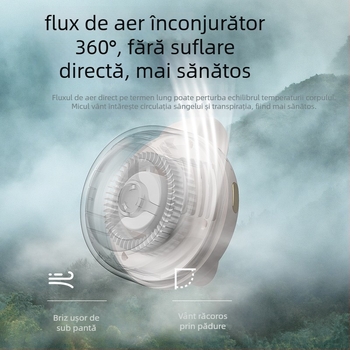 Ventilator purtabil fără palete pentru gât și talie, rotire la 360°, USB, 3 viteze, baterie încorporată 800–1000 mAh, autonomie 1–3 h