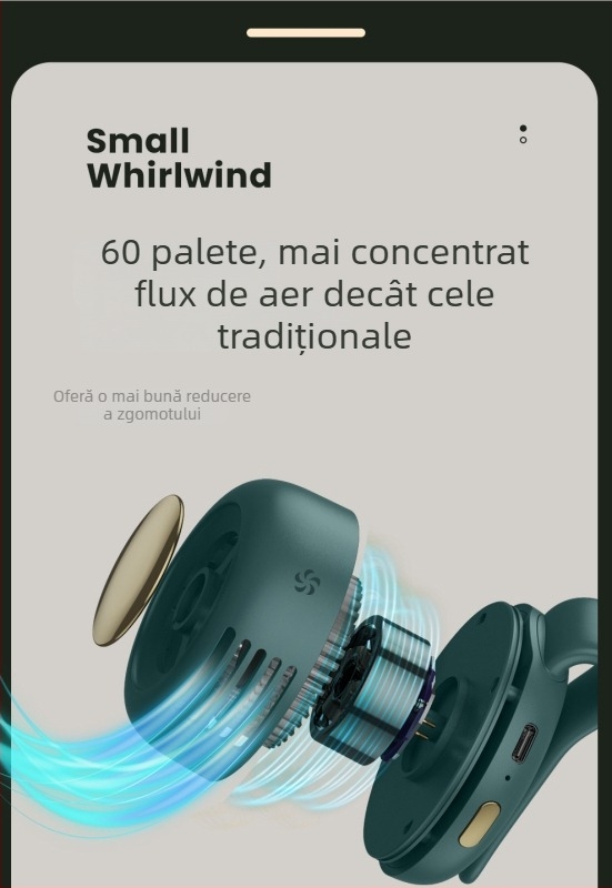Ventilator purtabil fără palete pentru gât și talie, rotire la 360°, USB, 3 viteze, baterie încorporată 800–1000 mAh, autonomie 1–3 h
