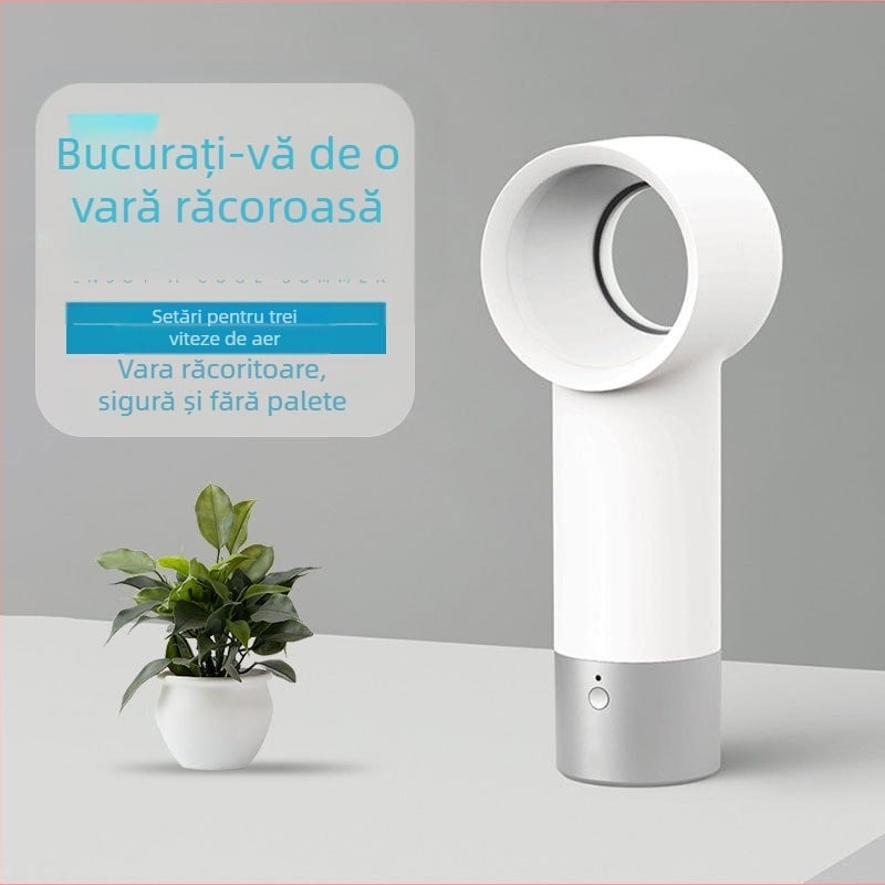Ventilator de mână fără palete, alimentare USB, 5V, 3W, zgomot sub 36 dB, 3 trepte viteze, baterie încorporată 800–1000 mAh, autonomie 1–3 ore, ventilator compact pentru dormitoare și birouri