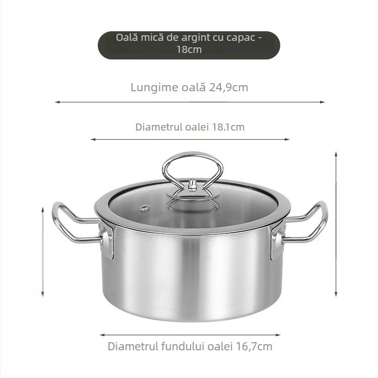 Oală fierbinte mică din oțel inoxidabil, capac din sticlă, fără fum, capacitate 2,1–4 L, compatibilă cu plite generale