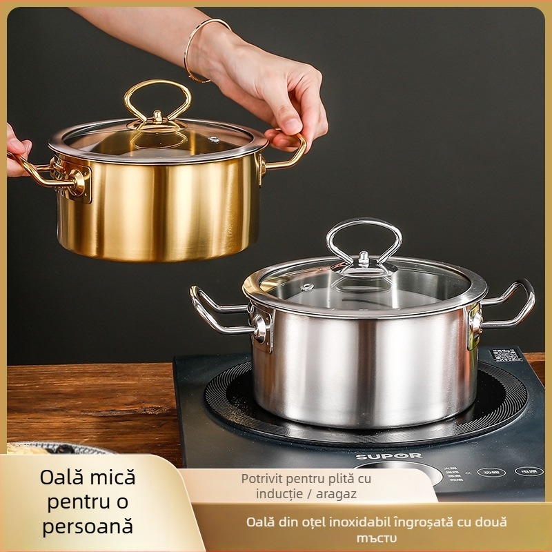 Oală fierbinte mică din oțel inoxidabil, capac din sticlă, fără fum, capacitate 2,1–4 L, compatibilă cu plite generale