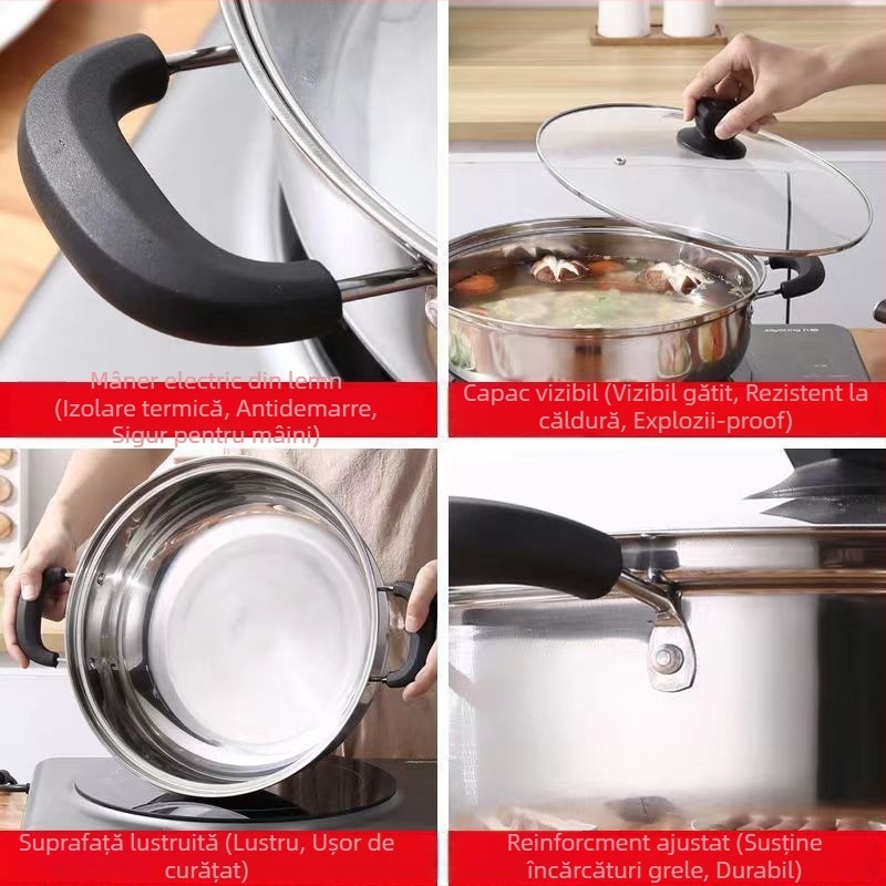 Oală de hot pot din oțel inoxidabil 410, capacitate 4.1–6 L, capac din sticlă, fund unic strat, greutate 520 g