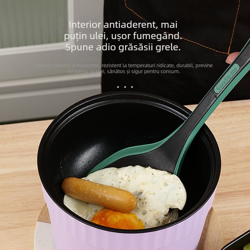 JMC-15 Oală electrică compactă pentru noodles, 1 persoană, capacitate până la 2 L, interior ceramic antiaderent, control mecanic cu buton, abur rapid