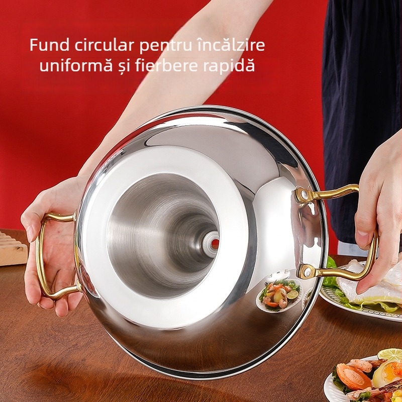 Abby's Oală de hot pot din oțel inoxidabil 304 – compatibilă cu inducția, fără acoperire, fund simplu, capac din oțel inoxidabil