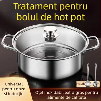 Oală hot pot din oțel inoxidabil, rață mandarină, capacitate 4.1-6 L, fond complex, capac din fibră de sticlă, compatibilă cu plitele generale, marca Zhenmingtang