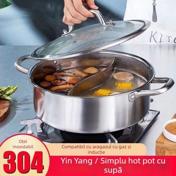 Oală hot pot din oțel inoxidabil, rață mandarină, capacitate 4.1-6 L, fond complex, capac din fibră de sticlă, compatibilă cu plitele generale, marca Zhenmingtang