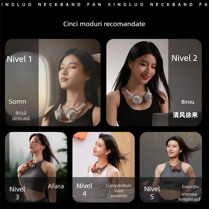 Ventilator pentru gât fără palete, încărcare USB, 5V, 3,2W, 5 trepte de viteză, baterie încorporată 1200–2000 mAh