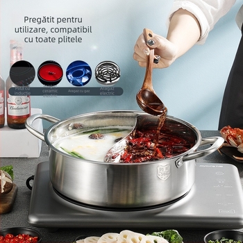 Oală Shabu din oțel inoxidabil 304, cu două camere, corp gros, fără strat, capac transparent, capacitate 4.1–6 L și 2.1–4 L