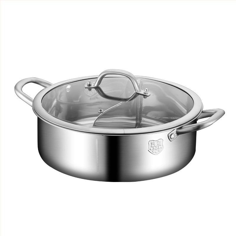 Oală Shabu din oțel inoxidabil 304, cu două camere, corp gros, fără strat, capac transparent, capacitate 4.1–6 L și 2.1–4 L