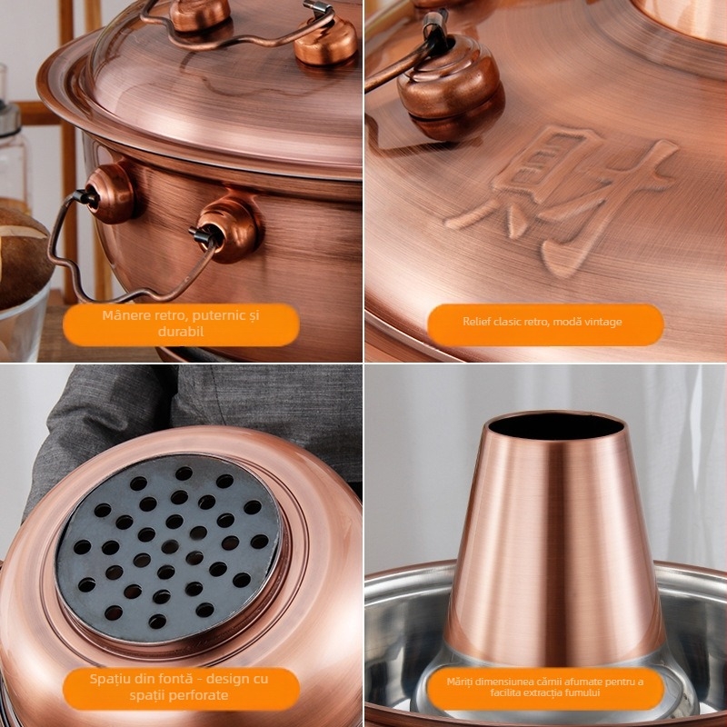 Oală de hot pot din oțel inoxidabil pentru cărbune, stil Beijing vechi, capacitate 2.1–4 L, construcție din oțel inoxidabil 201, bază cu un singur strat, capac din oțel inoxidabil