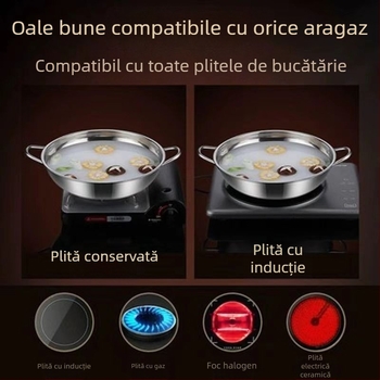 Oală de shabu din oțel inoxidabil 304, cu mâneri duble, capacitate 2,1–4 L, compatibilă cu plita cu inducție