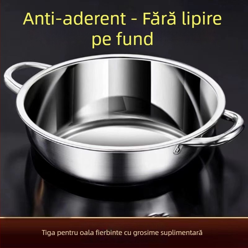 Oală de shabu din oțel inoxidabil 304, cu mâneri duble, capacitate 2,1–4 L, compatibilă cu plita cu inducție