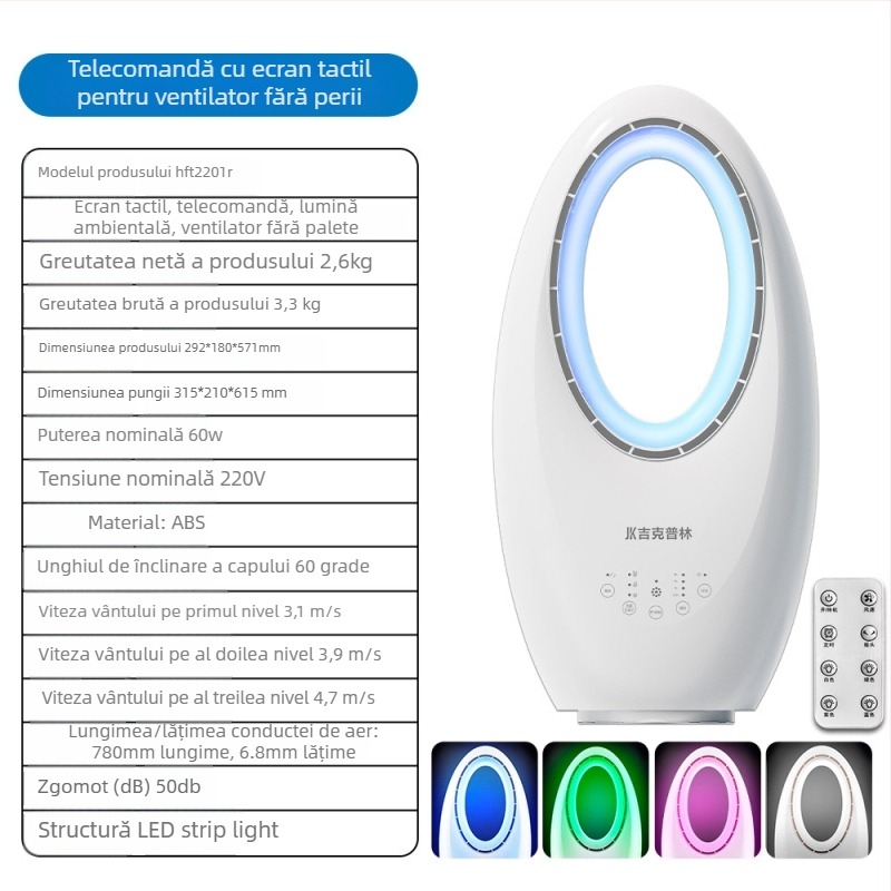 Ventilator fără lame pentru uz casnic, tip turn, ultra silențios, alimentare AC, 220 V, 60 W, zgomot sub 36 dB(A), acoperire 31–40 m²