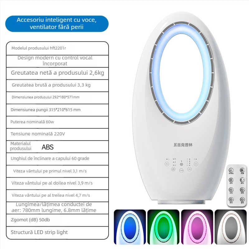 Ventilator fără lame pentru uz casnic, tip turn, ultra silențios, alimentare AC, 220 V, 60 W, zgomot sub 36 dB(A), acoperire 31–40 m²