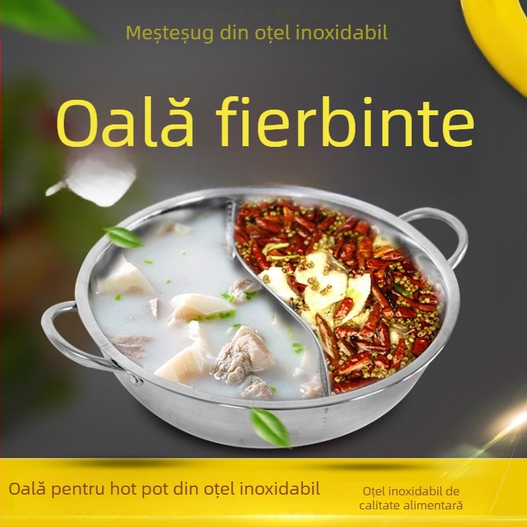 Oală hot pot Yin-Yang din oțel inoxidabil, compartimente divizate pentru două gusturi, acoperire antiaderentă, compatibilă cu plita cu inducție, capac din sticlă