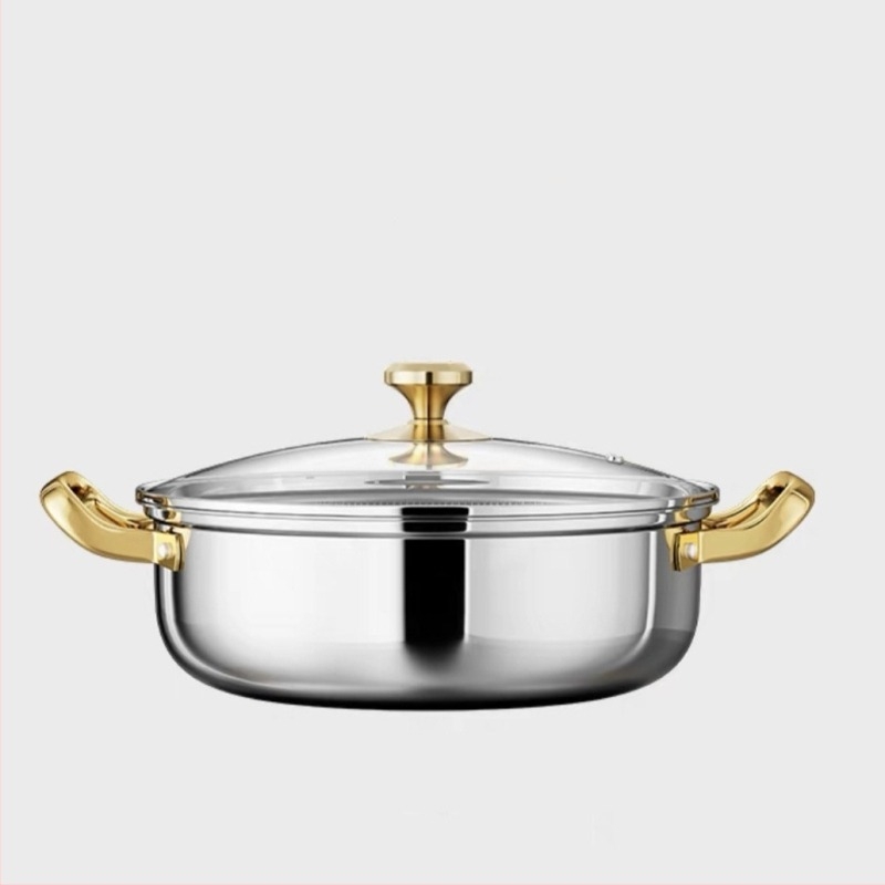 Oală din oțel inoxidabil pentru hot pot, model Shu Bao 08, integrată, cu strat antiaderent, capac din sticlă, capacitate 4.1–6 L / 2.1–4 L, compatibil cu plite cu inducție