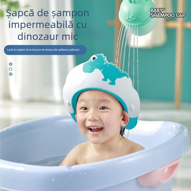 Pălărie de duș pentru bebeluși, în formă de dinozaur – protecție pentru ochi și urechi, impermeabilă, din plastic, pentru copii | Brand: Happy Blue Whale