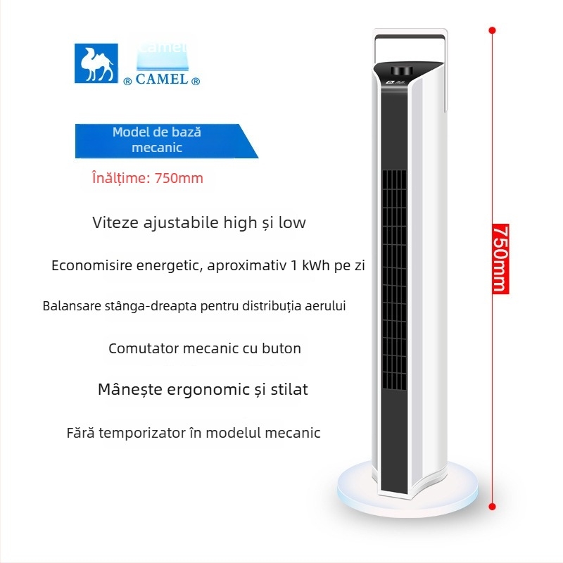 Ventilator vertical fără palete pentru uz casnic, oscilare stânga-dreapta, 3 viteze, temporizator 2–8 ore, telecomandă, model 2105