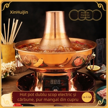 Oală cupru pentru hot pot, neelectrică, capac din cupru, capacitate 2.1–4 L, bază cu fund simplu, stil chinezesc tradițional