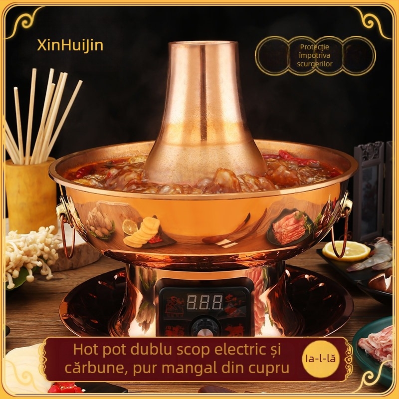 Oală cupru pentru hot pot, neelectrică, capac din cupru, capacitate 2.1–4 L, bază cu fund simplu, stil chinezesc tradițional