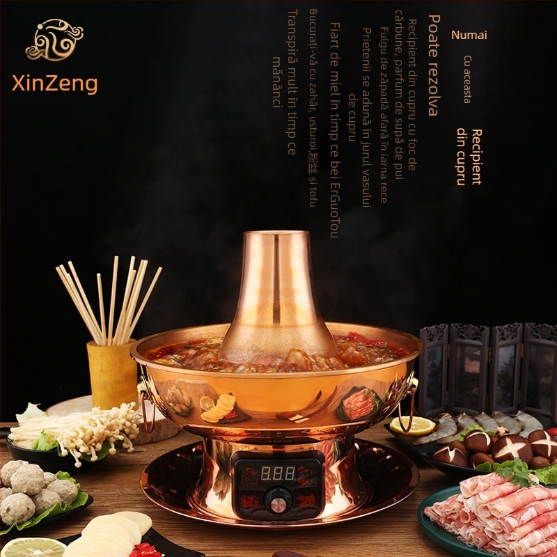 Oală cupru pentru hot pot, neelectrică, capac din cupru, capacitate 2.1–4 L, bază cu fund simplu, stil chinezesc tradițional