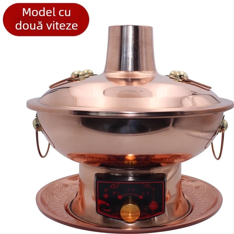 Oală cupru pentru hot pot, neelectrică, capac din cupru, capacitate 2.1–4 L, bază cu fund simplu, stil chinezesc tradițional