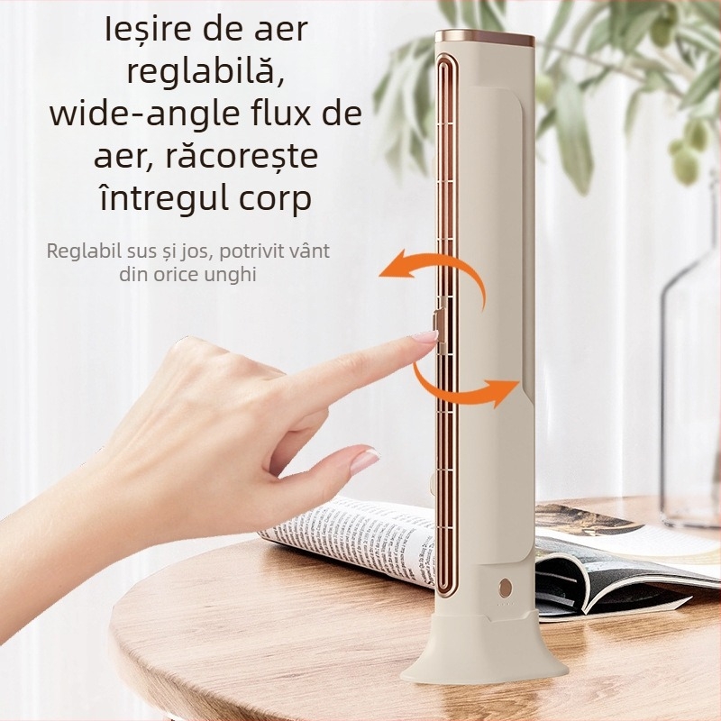Ventilator turn fără palete pentru casă, alimentare USB, baterie încorporată 4000mAh, autonomie peste 12 ore, vânt natural, 3 trepte de viteză, montaj pe perete sau podea, zgomot redus sub 36 dB