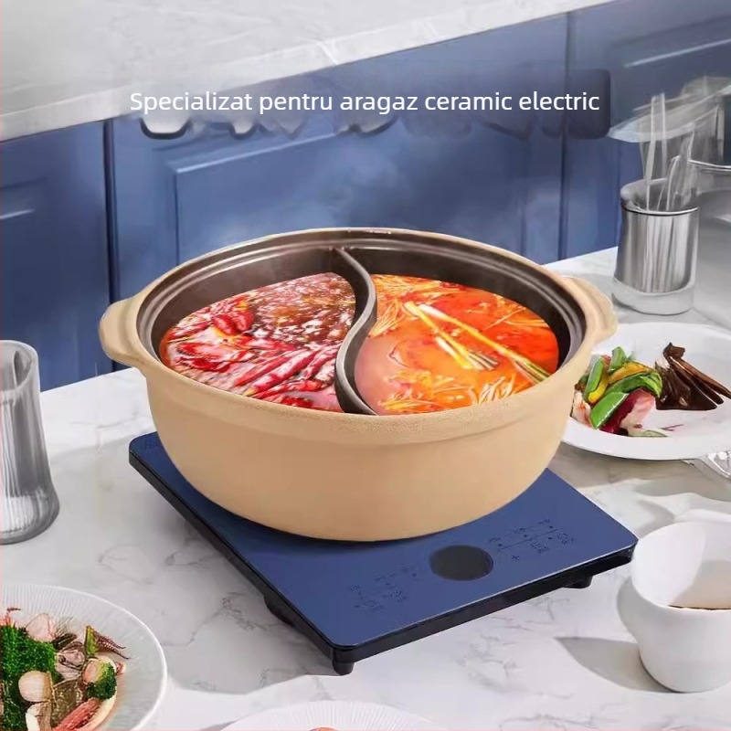 Hot Pot cu două camere, ceramică neglazurată, 4.1–6 L, compatibil cu aragaz, model Ancient Flavor, antiaderent