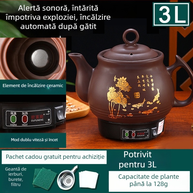 Oală ceramică pentru decoct OFN01, 2-3 L, 220V, 450W, termostat KSD, control cu buton, pentru 1 persoană