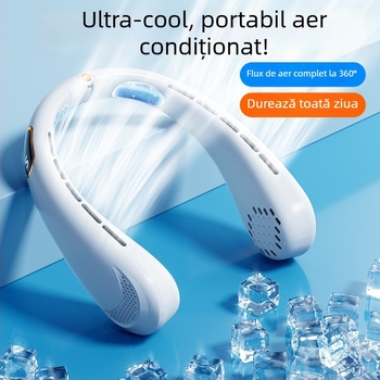 Ventilator portabil pentru gât, alimentare USB, putere nominală 5W, 4 viteze, baterie încorporată 500–800 mAh, autonomie 3–6 ore