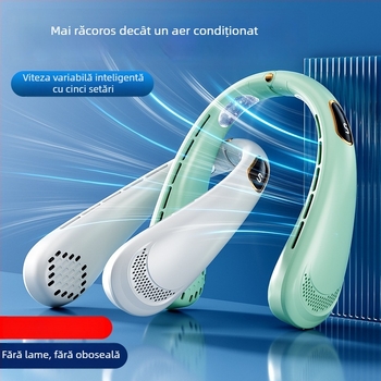 Ventilator portabil pentru gât, alimentare USB, putere nominală 5W, 4 viteze, baterie încorporată 500–800 mAh, autonomie 3–6 ore