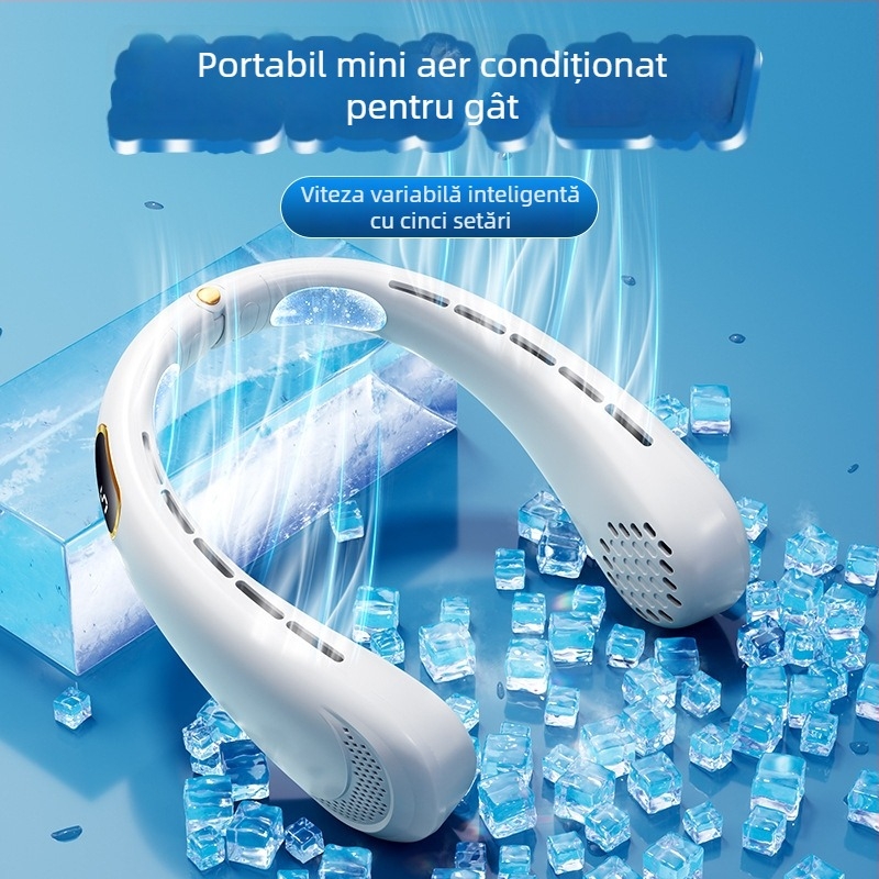 Ventilator portabil pentru gât, alimentare USB, putere nominală 5W, 4 viteze, baterie încorporată 500–800 mAh, autonomie 3–6 ore