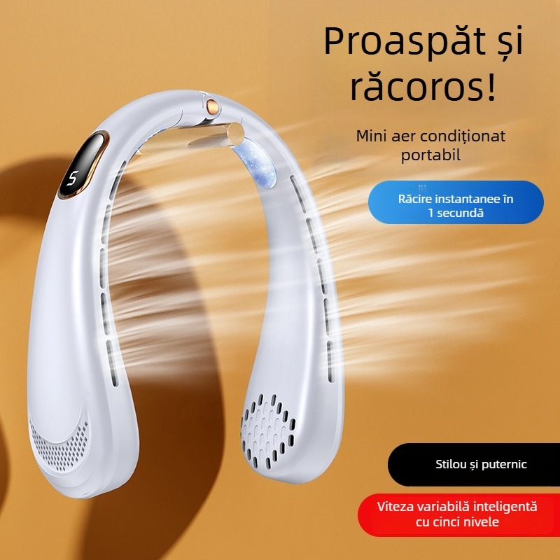 Ventilator portabil pentru gât, alimentare USB, putere nominală 5W, 4 viteze, baterie încorporată 500–800 mAh, autonomie 3–6 ore