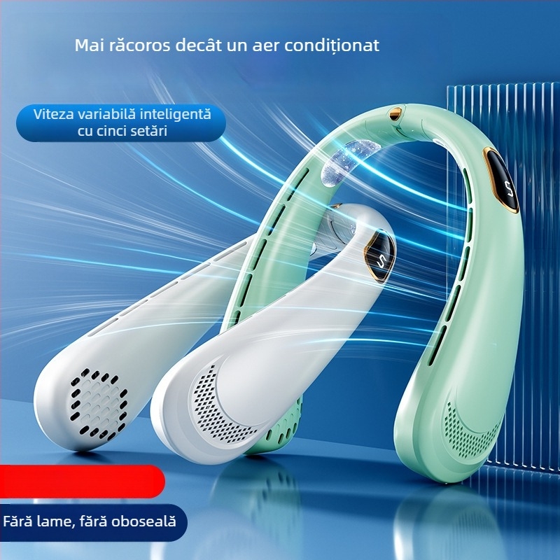 Ventilator portabil pentru gât, alimentare USB, putere nominală 5W, 4 viteze, baterie încorporată 500–800 mAh, autonomie 3–6 ore