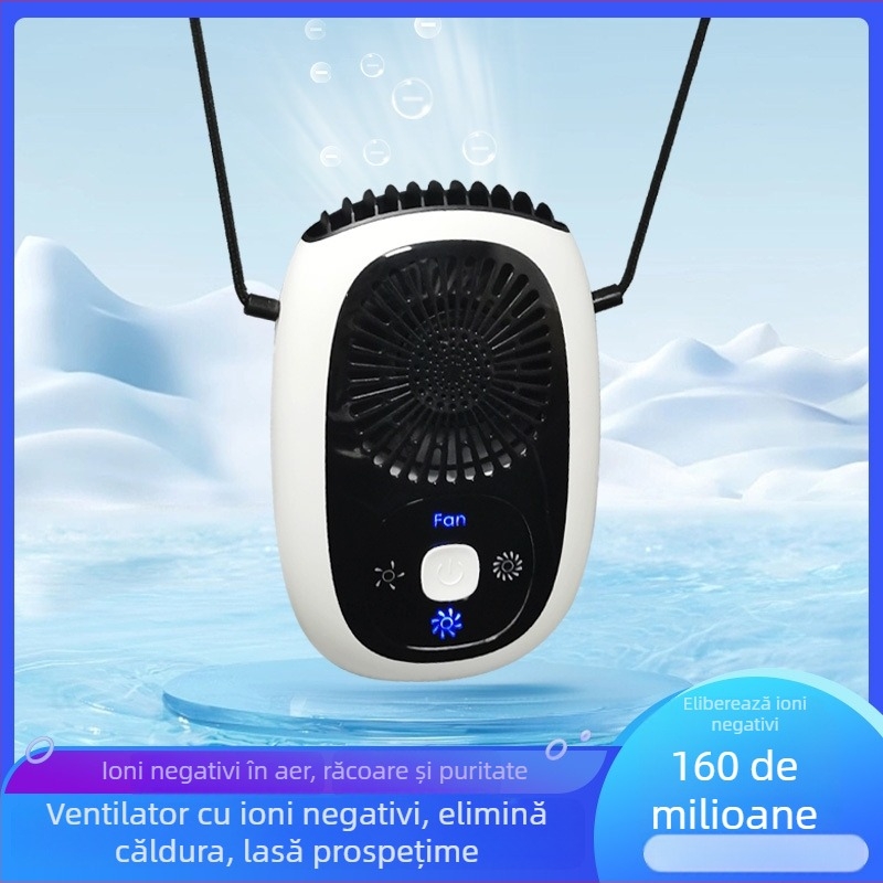 Ventilator fără lame pentru gât, cu ioni negativi, purificator de aer USB compact, 3 trepte de viteză, baterie încorporată 2000–4000 mAh, motor brushless